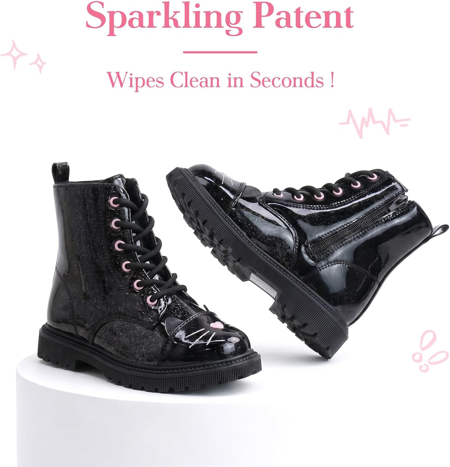 Girls Glitter Cat Face Ankle Boots Toddler Kids Lace Up Side Zipper Waterproof Style Boot Non-Slip Rubber Sole Cute Dress Boots for Little Big Kids
