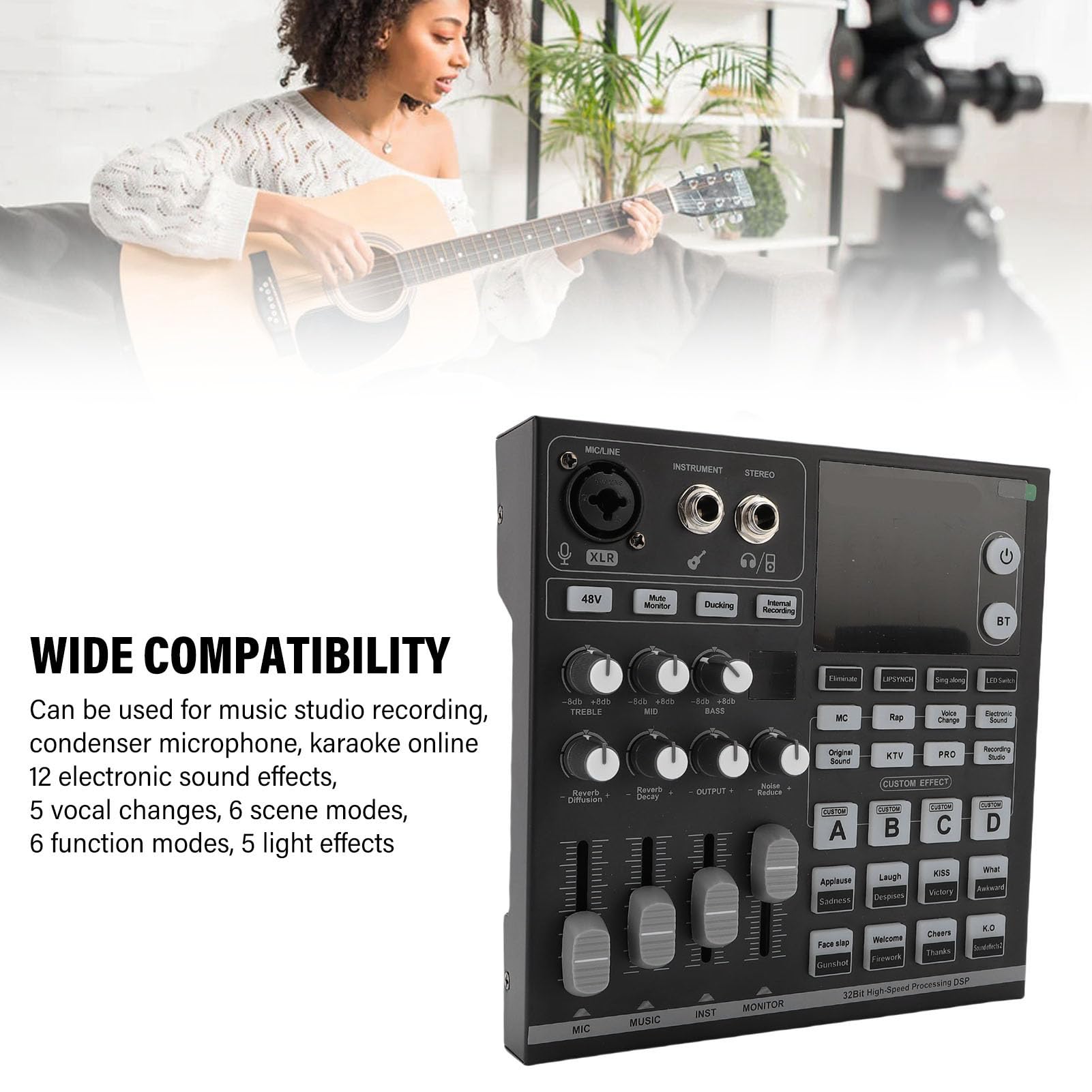 Luocute Tarjeta de Sonido Profesional para Directo, Mezclador de Bluetooth 5.0 con 12 Efectos de Sonido y 5 Cambiadores de Voz, Tarjeta de Transmisión para DJ, Ideal para Karaoke,