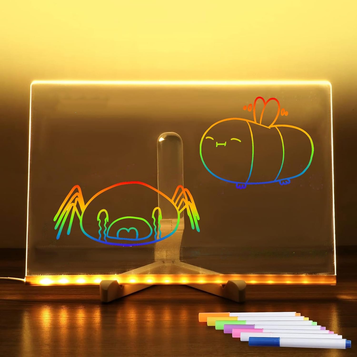 LED Light-Up Acrylic Message Board - Reusable Dry Erase Board With Color Pens (11.8x7.9 Inches)