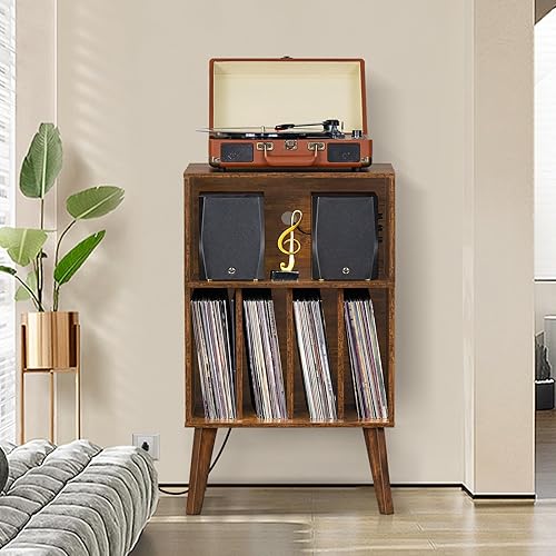 Miniatura 7 de Lerliuo Soporte para tocadiscos con estación de carga, soporte para tocadiscos marrón con capacidad para hasta 160 álbumes, mesa de gabinete de