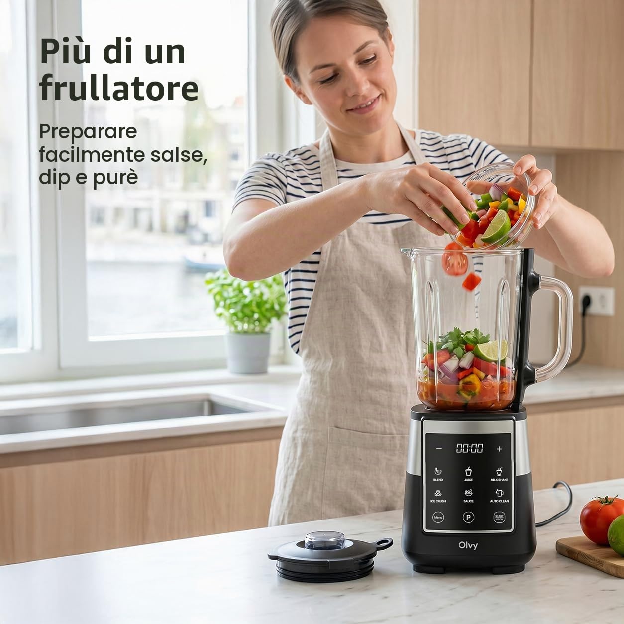 Olvy Frullatore Smoothie Maker 1500ml Vetro To-Go Timer LED 6 Lame-Black