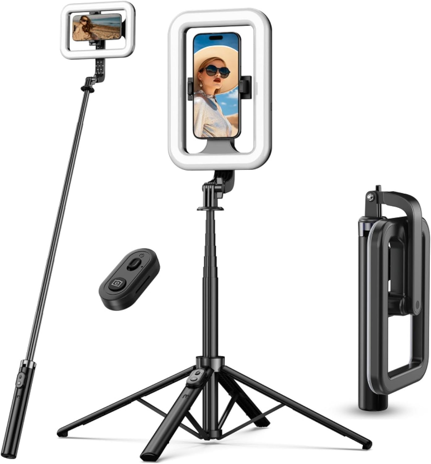 2-in-1 Selfie Tripod with Ring Light – Black Aluminum Smartphone Stand for Content Creators, Vlogging & Video Calls