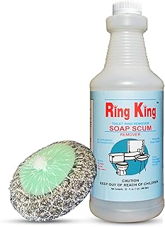 Amazon Brand| 32 oz Ring King Soap Scum Remover For Shower with 304 Stainless-Steel Scrubbing Pad Sponges Applicator| Fast-acting Multi-Surface Bathroom Cleaner| Cleans Soap Scum, Grease