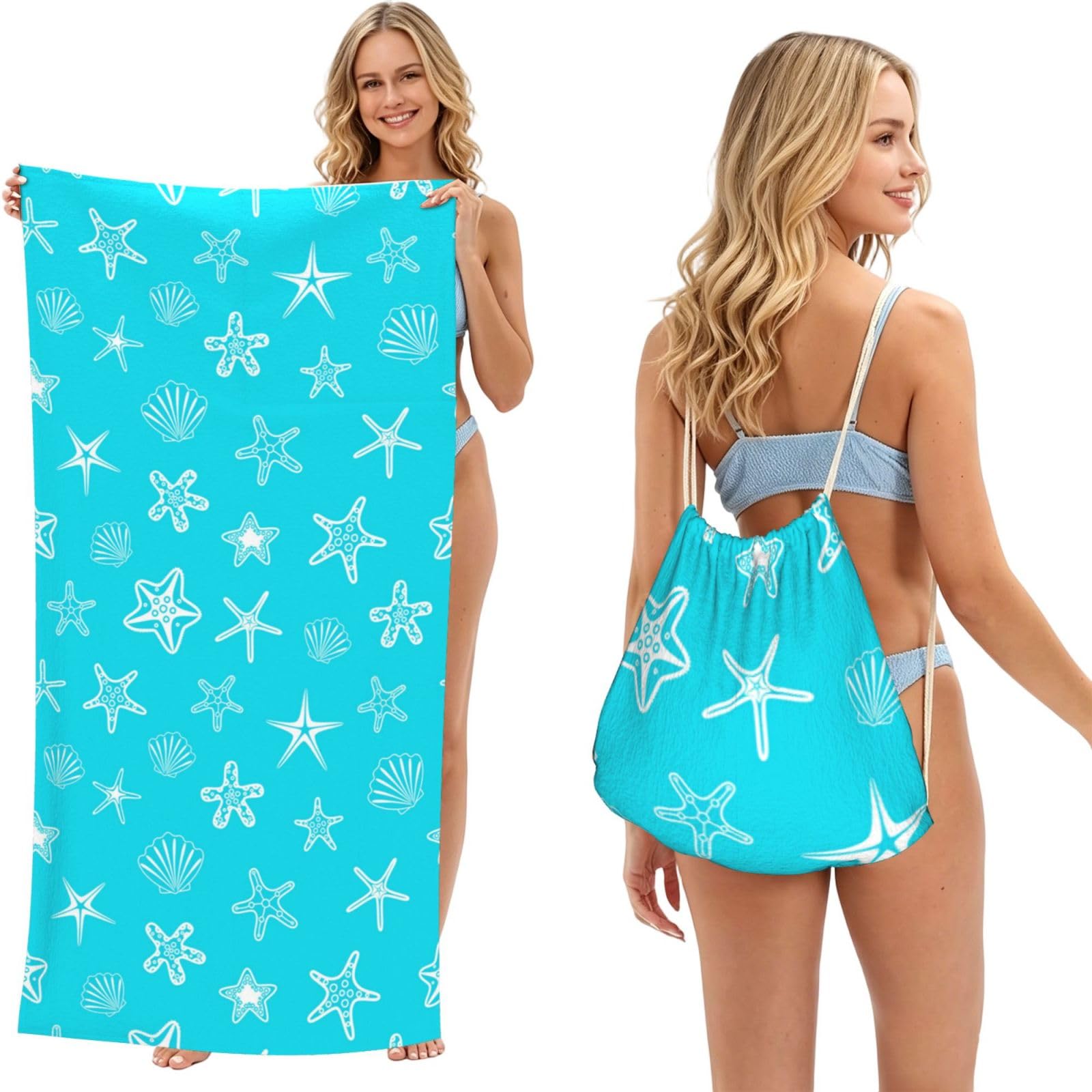 Poadnly As Picture Seashells Starfishes Blue, 2 In 1 Packable Towel Bag, Beach Towels With Drawstring Backpack For Travel Holiday Camping