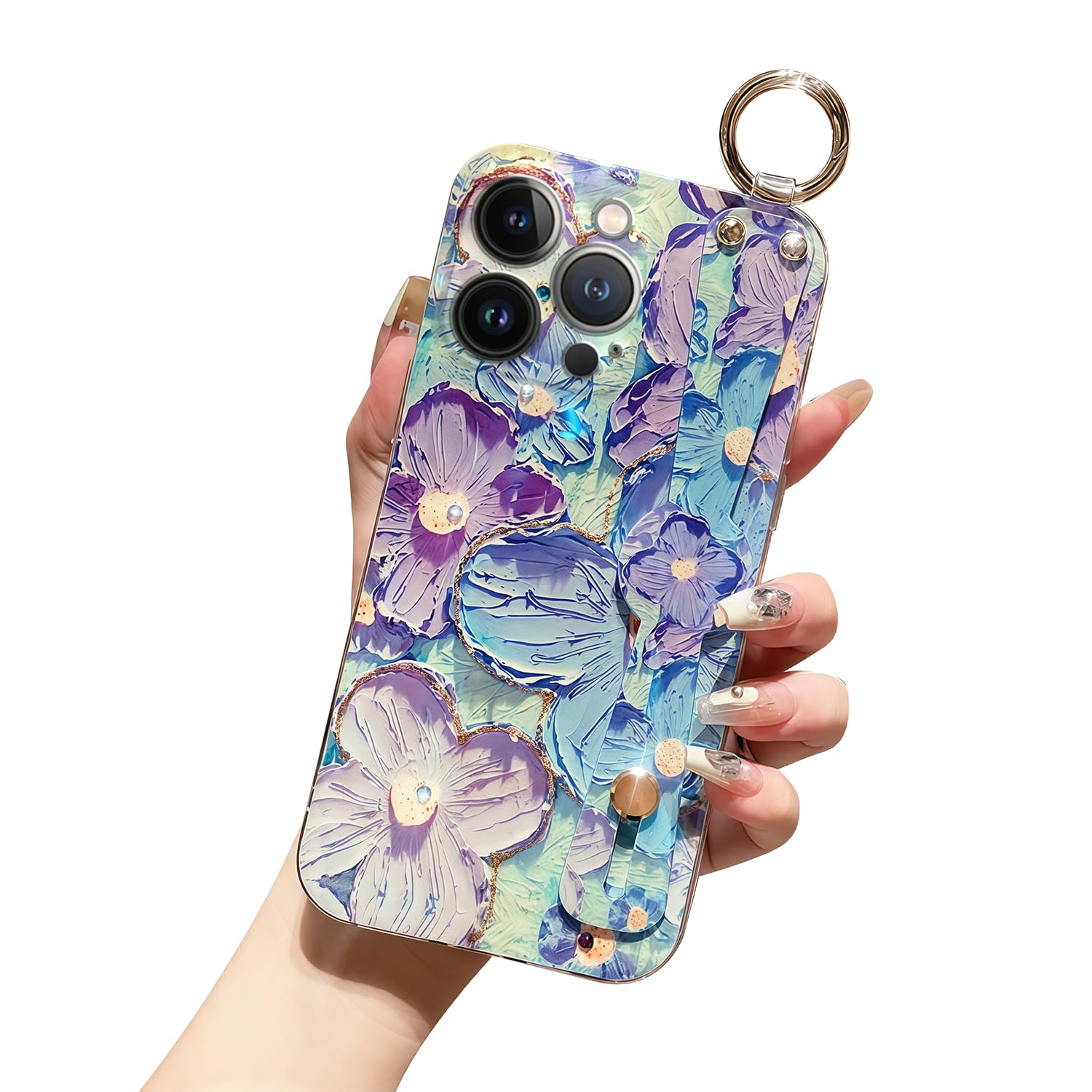 siduater Hand Strap Holder Case for 6.1" iPhone 15 Pro with Kickstand - Wrist Strap Band Soft Pattern Shockproof Cover, Adjustable Handle Grip Loop