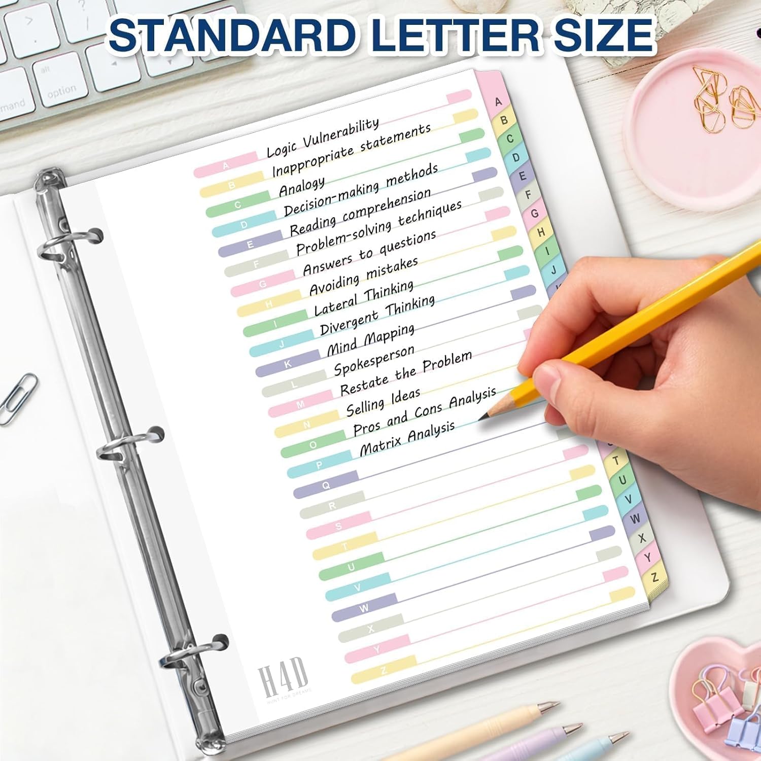 H4D Alphabet Binder Dividers for 3-Ring Binder, A-Z Tab Dividers with Customizable Table of Contents, Multicolor Tabs, Reinforced Holes, Letter Size, Pastel, 3 Sets