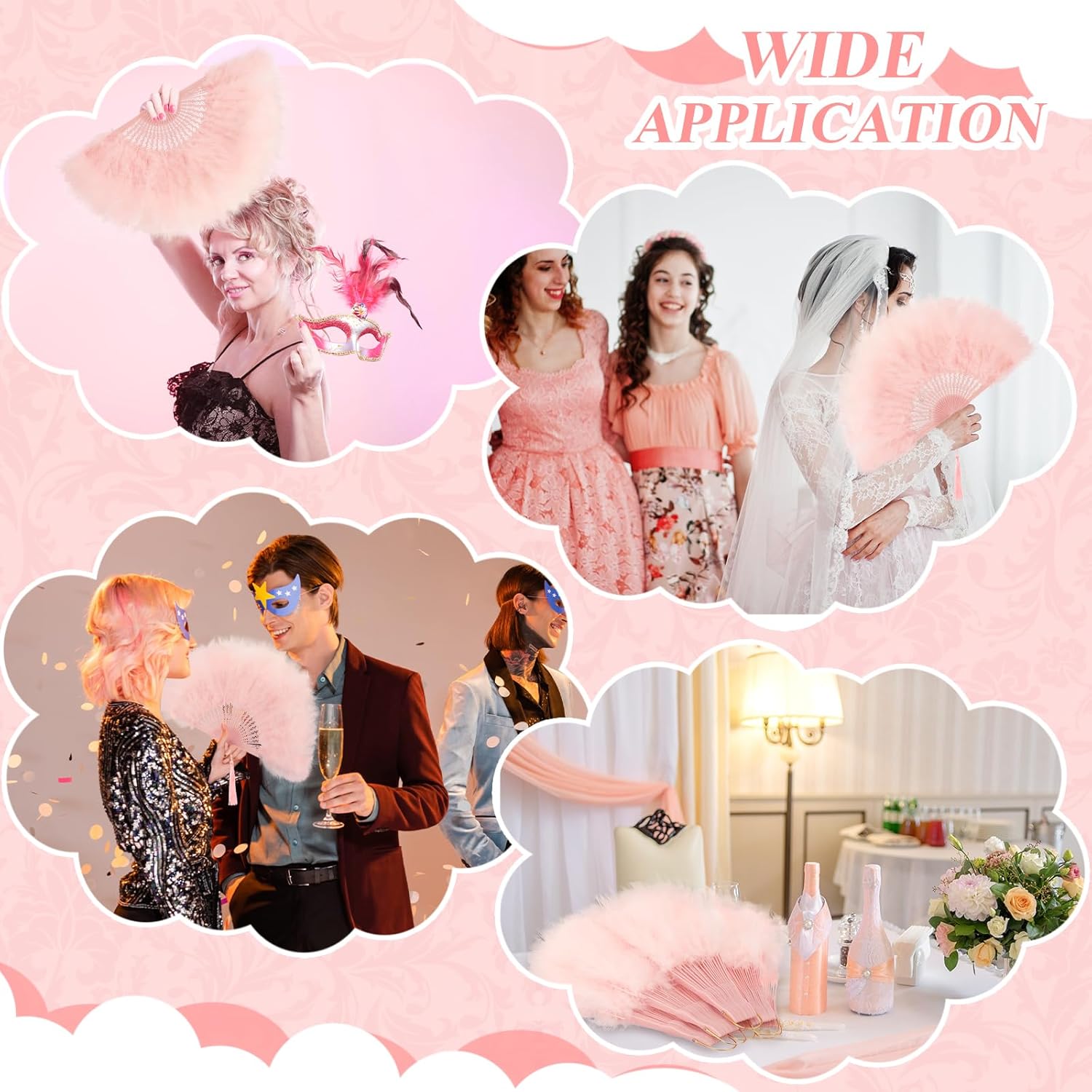 Kigley 8 Pcs Marabou Feather Fan Bulk Wedding Headband Vintage Folding 1920s Flapper Hand Fan for Bridal Shower Tea Costume Accessories Dancing Party Decorations(Pink)