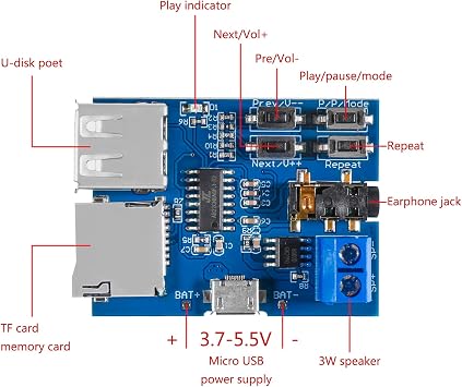 6PCS Micro USB MP3 Decoder Module TF Card U Disk MP3 Format Decoder Board Amplifier Decoding Audio Player Module 3.7-5.5V
