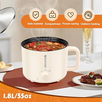 Electric Hot Pot with Steamer, 1.8 L Non-Stick Mini Electric Pot, 2 Gear Rapid Noodles Cooker, Portable Mini Stock Pot with Overheat Boil Dry Protection for Noodle, Pasta, Ramen (Single Layer)