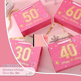 Powbrace 13 Pink 30th Birthday Gift Bag with Tissue Paper and Greeting Card for Party,Happy Birthday Gift Bag for Men Women,Gift Bags Medium size(1 Pink 30th)