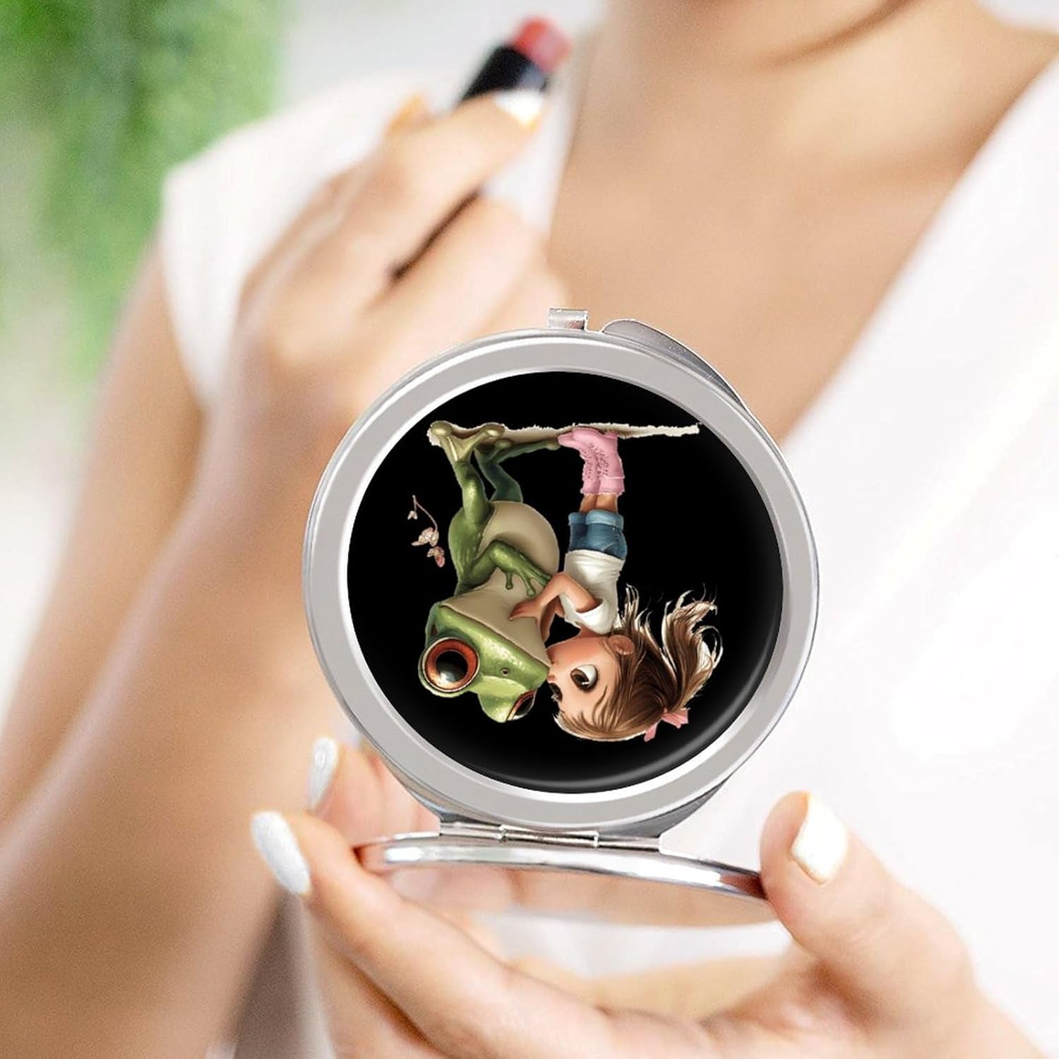 Princess Kisses The Frog Compact Makeup Mirror Mini Foldable Cosmetic Mirror Portable Travel Mirror for Purse Pocket