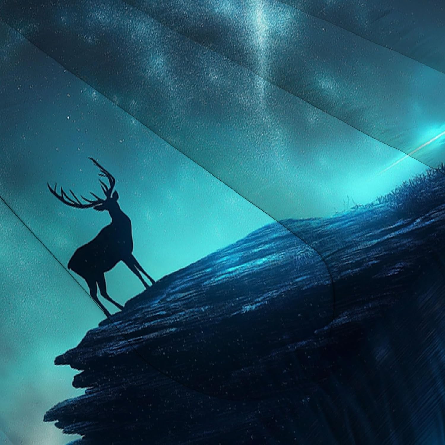 3D Deer Rock Formation Comforter Set Queen Size Bedding Set Aurora Landscape All Season Down Comforter Printed Quilted with 2 Pillow Shams for Kids, Teens, Adults 90 x 90in Blue-Green