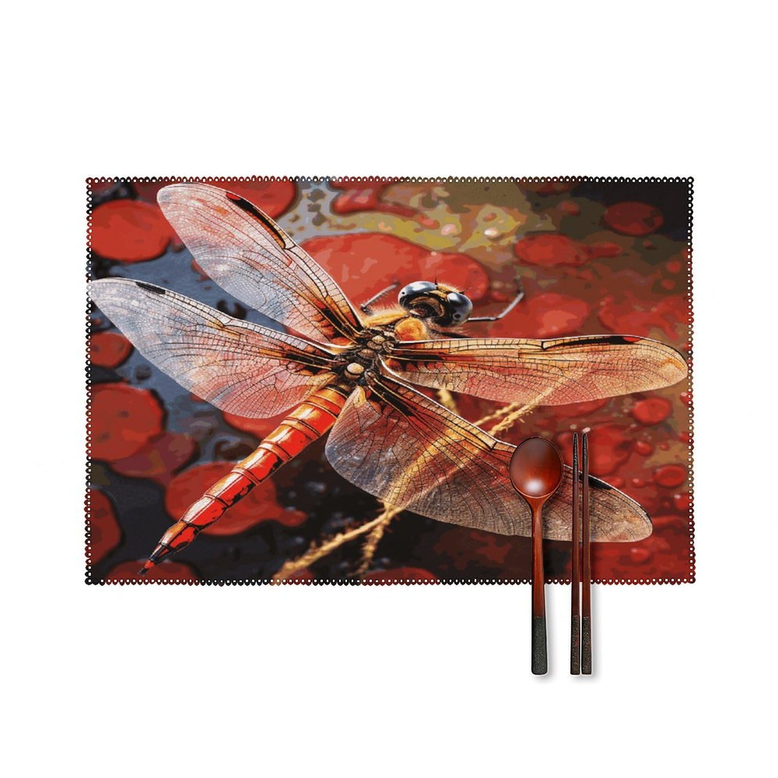Red Dragonfly Placemat Set of 6,Thickened Non-Slip Place Mats Heat Resistant Reversible Table Mats Resistant Washable Place Mat for Kitchen Dining Table Decoration Indoor