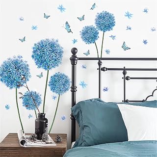 Blue Dandelion Flower Butterfly Wall Stickers, sacinora Floral Art DIY Wall Decals Removable Vinyl Peel and Stick for Living Room Bedroom Children's Room Sofa TV Background Decorations
