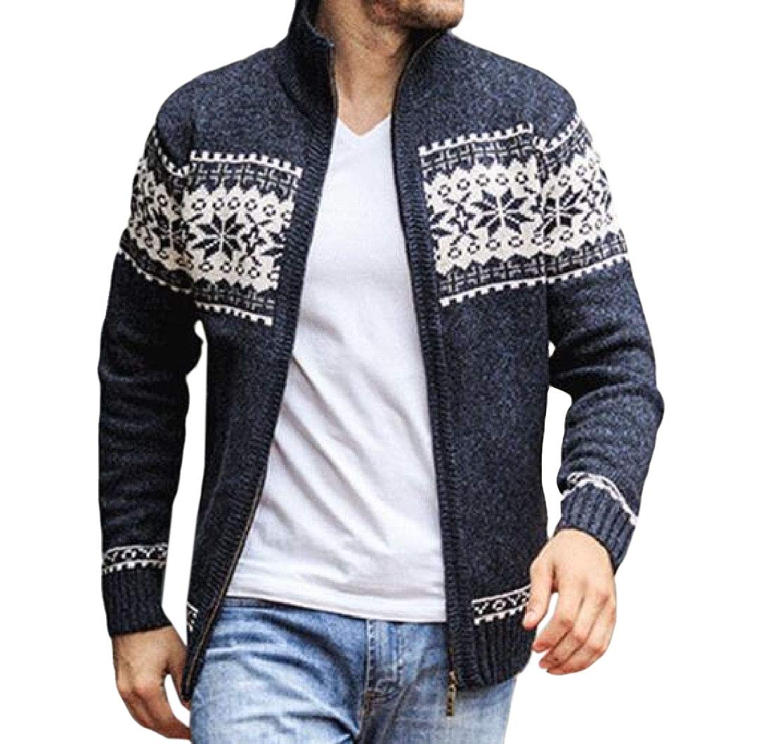SOWTKSL Men's Casual Long Sleeve Stand Collar Pattern Patchwork Knitted Zipper Tracksuit Sweatshirt Tunic Top