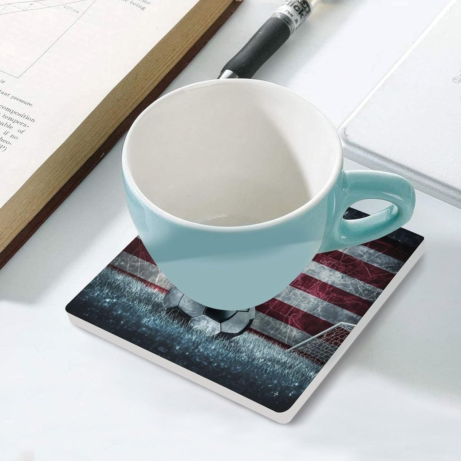 US Flag Soccers-Football Ceramic Coasters Square Drinks Coaster Coffee Table Decor Table Coaster for Home Bar