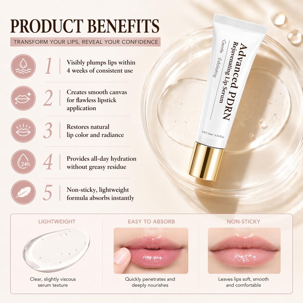 Advanced Rejuvenating Lip Serum, Hydrating & Plumping Lip Treatment for Dry Lips, Gentle Exfoliating Serum for Smoother, Radiant Lips, 0.33 fl oz