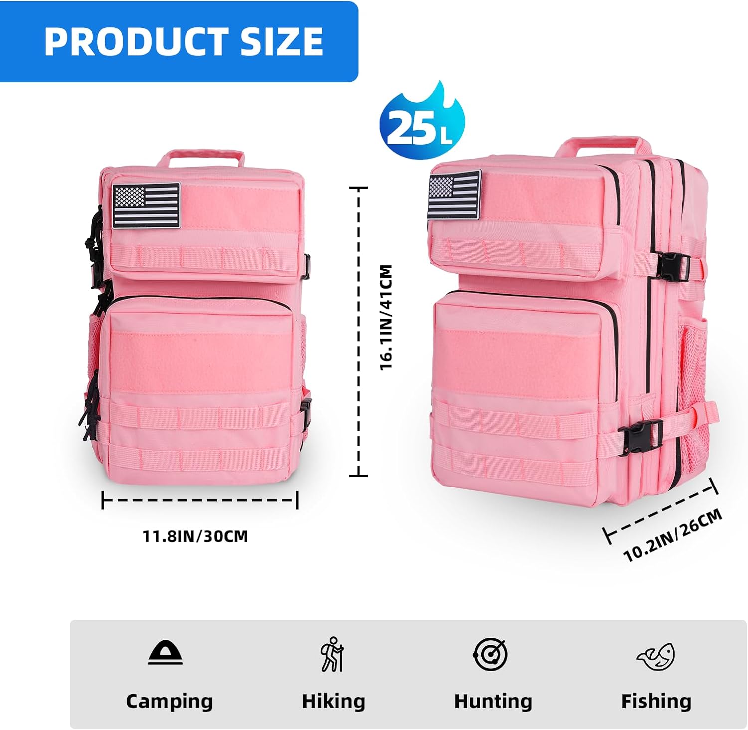 aiGear 25L Tactical Backpack for Men Women, Small Molle Military Backpack with 900D Oxford Fabric, Waterproof Hiking Daypack Bug Out Bag for Outdoor Travel Gym Work EDC Gear(25L Pink)