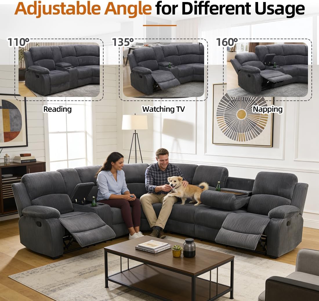 Manual Recliner Sofa, Manual Sectional Sofa Couch Set for Living Room, Reclining Corner Sectional Sofa Set with Cup Holders, Corduroy Living Room Furniture Set with Storage for Home/Office