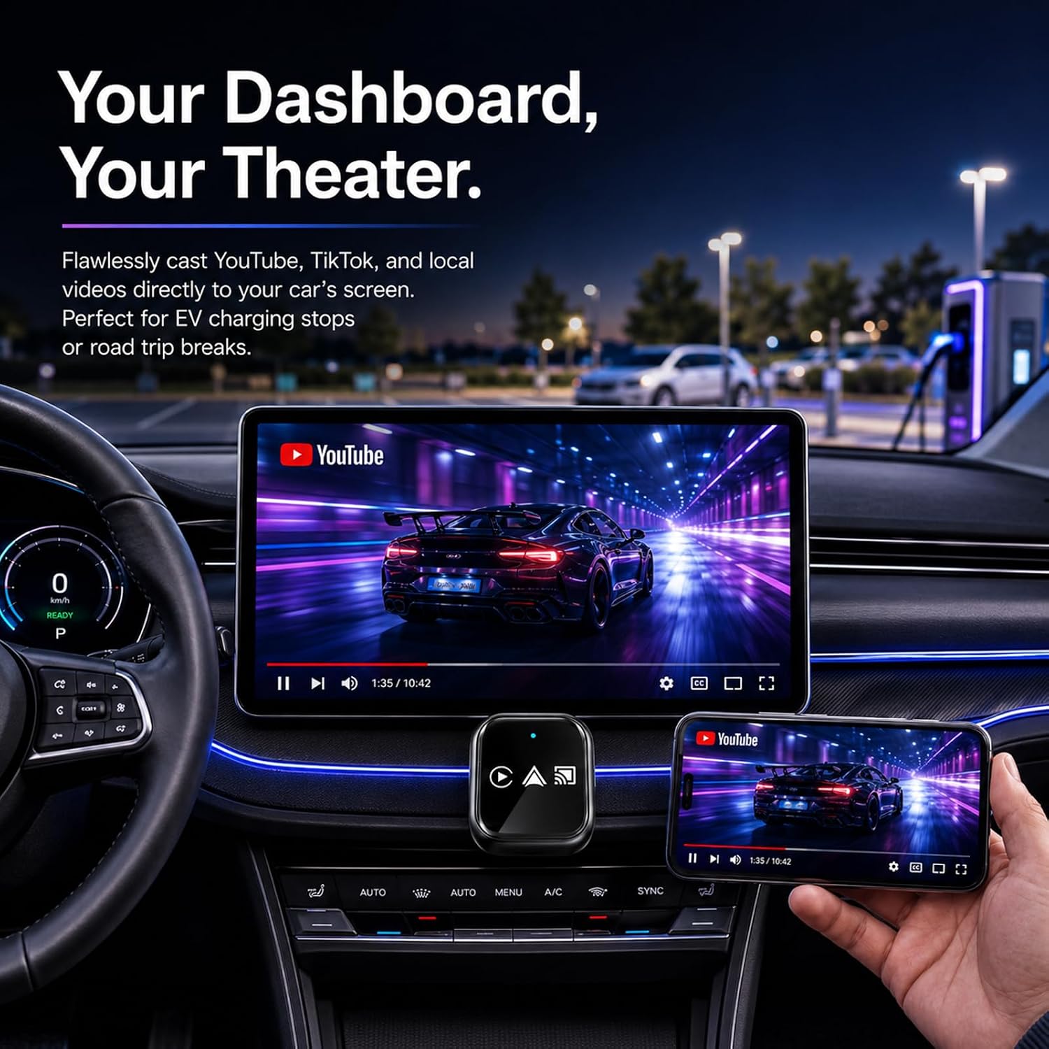 Screen Mirroring Adapter for Car, Mirror Phone to Car Screen | Wireless, 3-in-1 Car Play & Andriod Auto Adapter, Mini, USB C/USB A, Watch Youtube/Tiktok, Not for Netflex/Hulu,, Low Latency