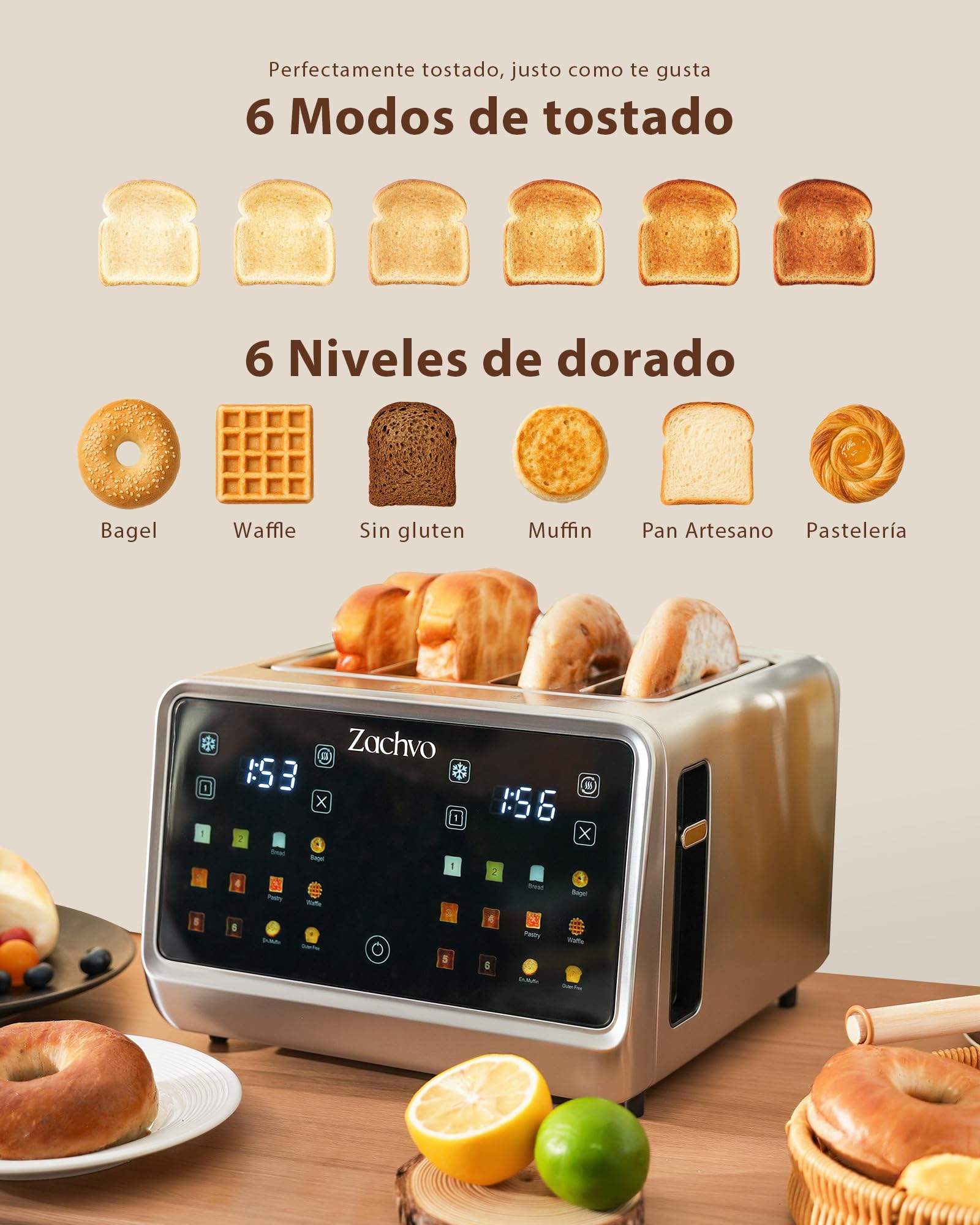 Tostadora de 4 rebanadas con pantalla táctil y cuenta regresiva – tostador largo de acero inoxidable con 2 zonas de temperatura independientes, ranuras extra anchas de 3,7 cm, 6 programas