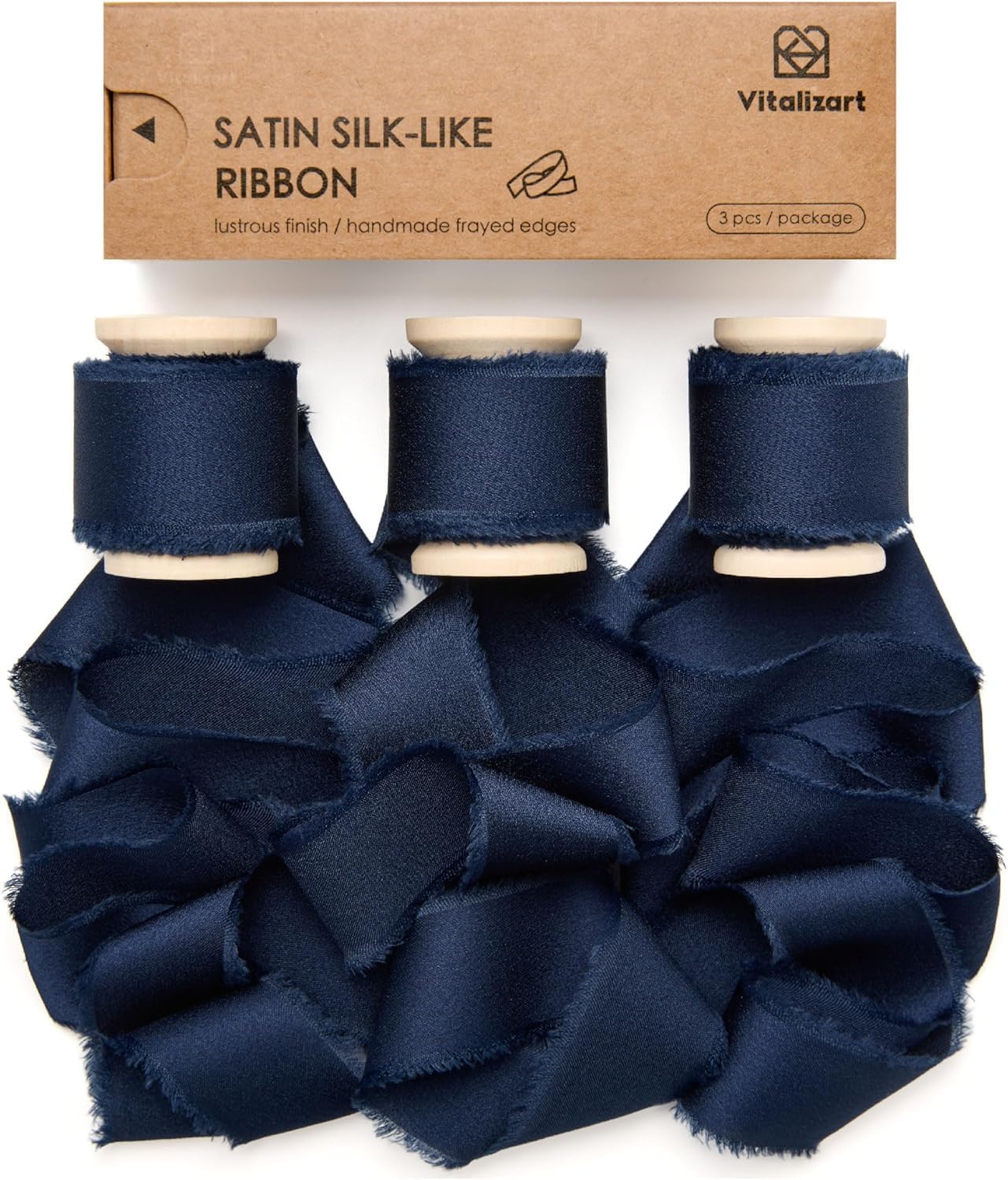 Vitalizart Silk Satin Ribbon 1" x 15 Yds Wooden Spool Navy Blue Handmade