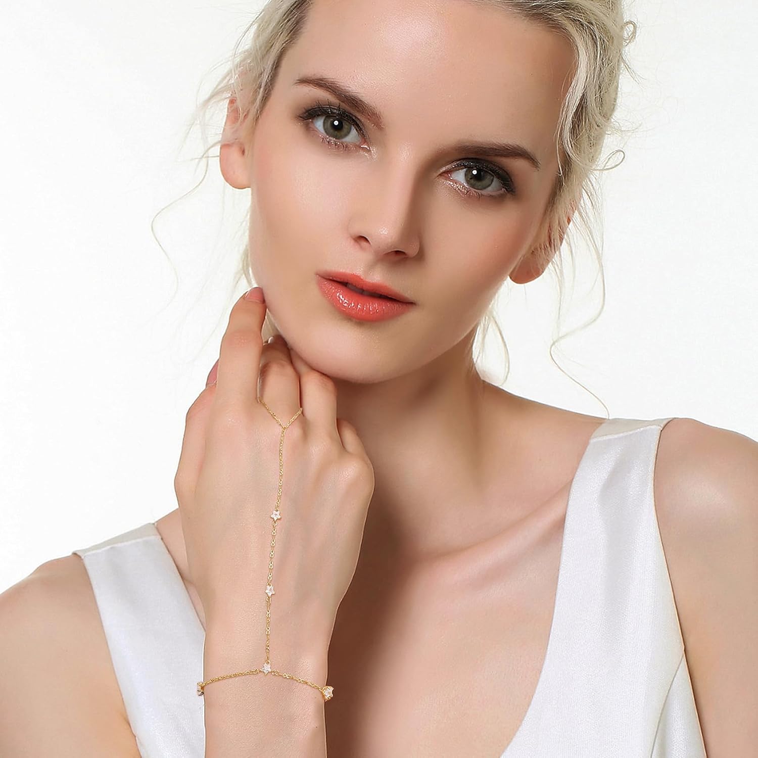 Sonateomber Gold Dainty Star Heart Tennis Hand Chain Ring Slave Bracelet for Woman - Image 2