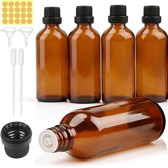 100 ml Brown Glass Bottle Pack of 5 Pharmacist Bottle Dropper Bottle Empty Bottles for Filling Brown Amber Glass Bottle Reusable Glass Bottles with Funnel Label Corkscrew for Etherisc