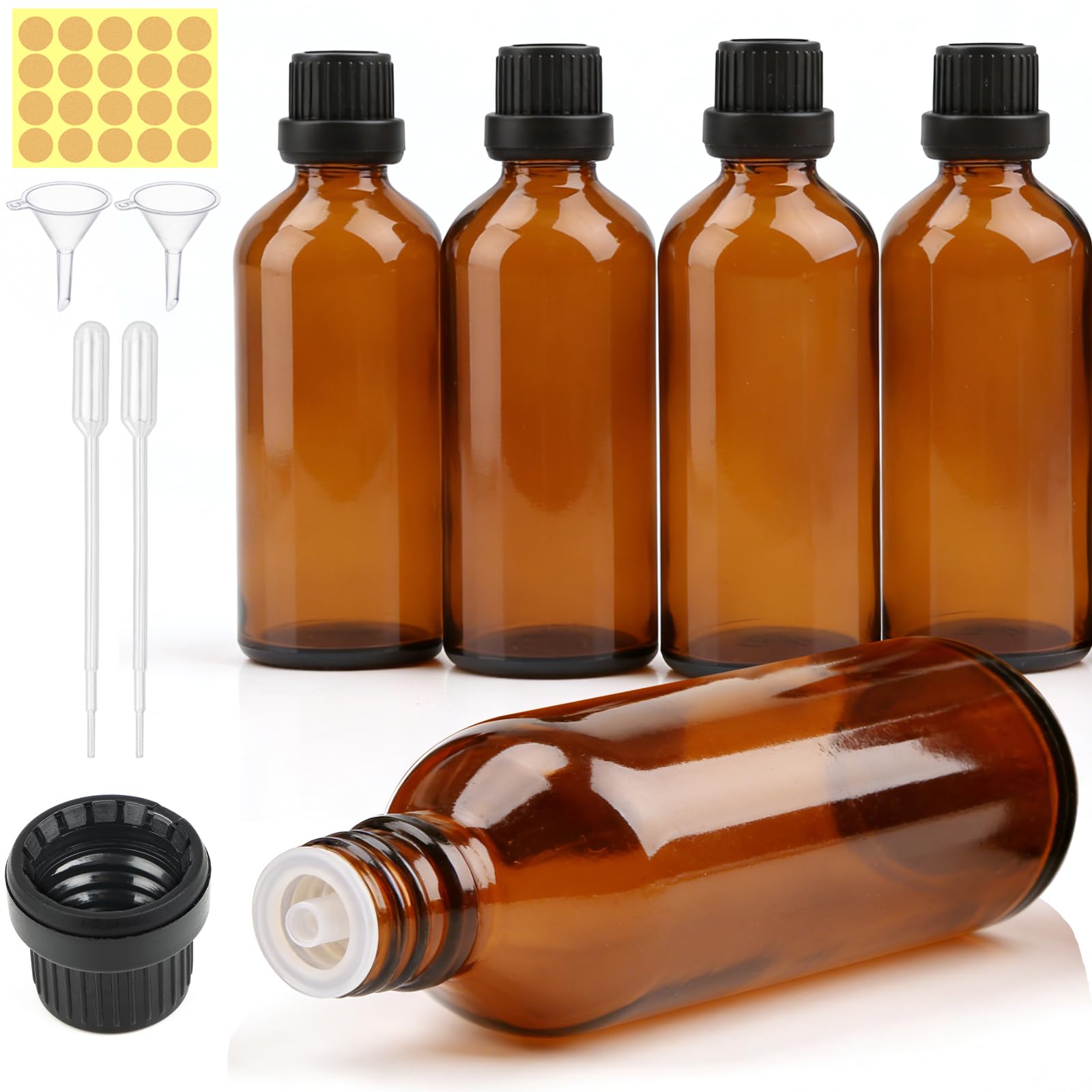5 botellas de vidrio ámbar de 100 ml, botellas vacías de color marrón, reutilizables, frascos pequeños con cuentagotas