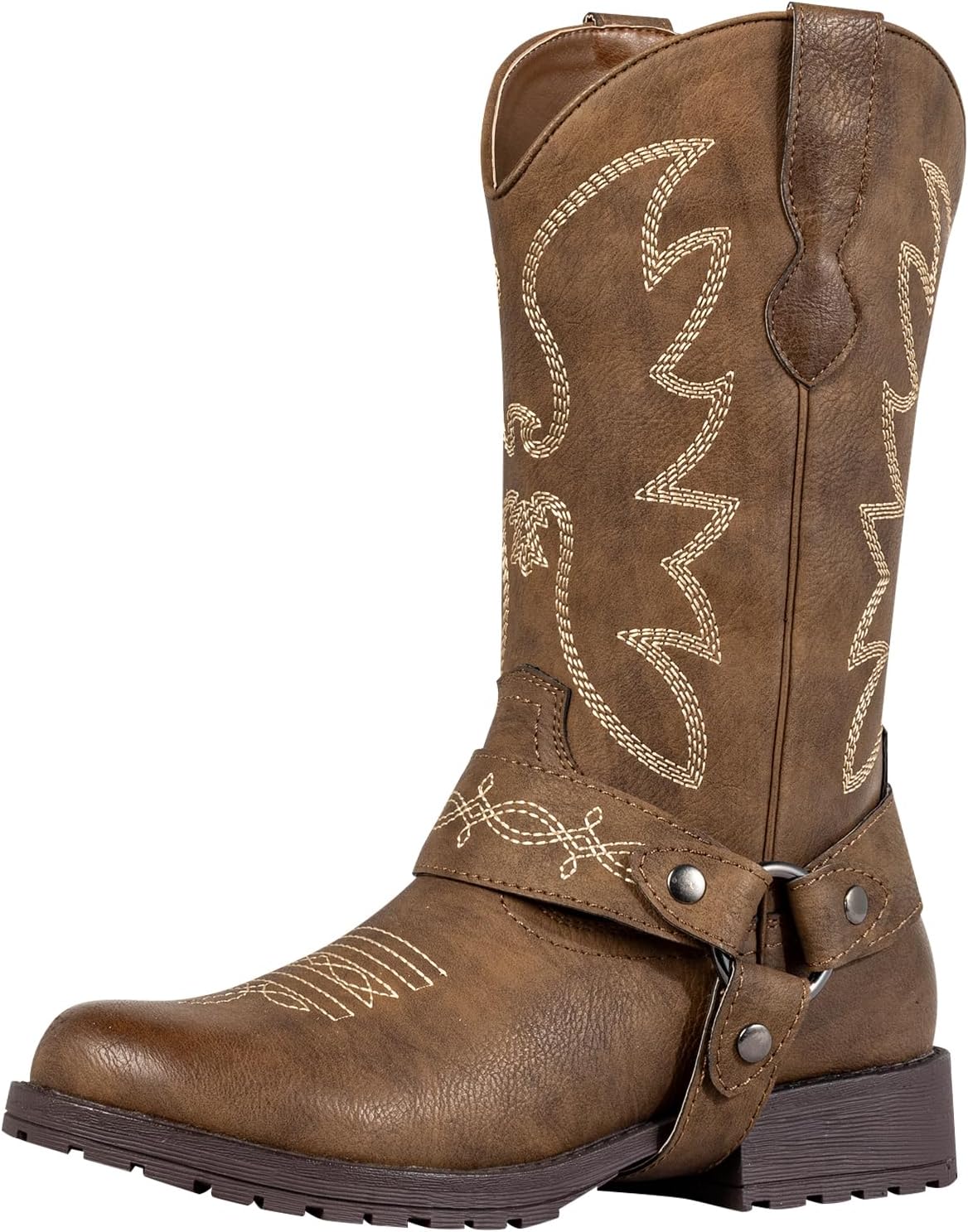 SheSole Women's Harness Round Toe Boots Buckle Strap Western Cowgirl Cowboy Boots Mid Calf Country Boots