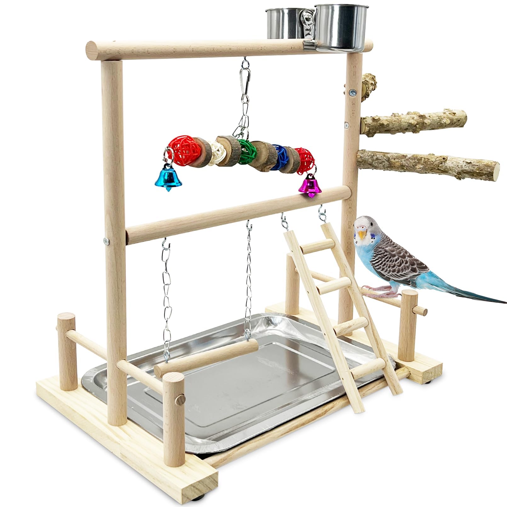 kathson Bird Playground Parrot Perch Stand Toys, Birds Wood Play Gym Activity Center Exercise Playpen Ladder Swing with Feeder Cups Chewing Toy(Include a Tray)