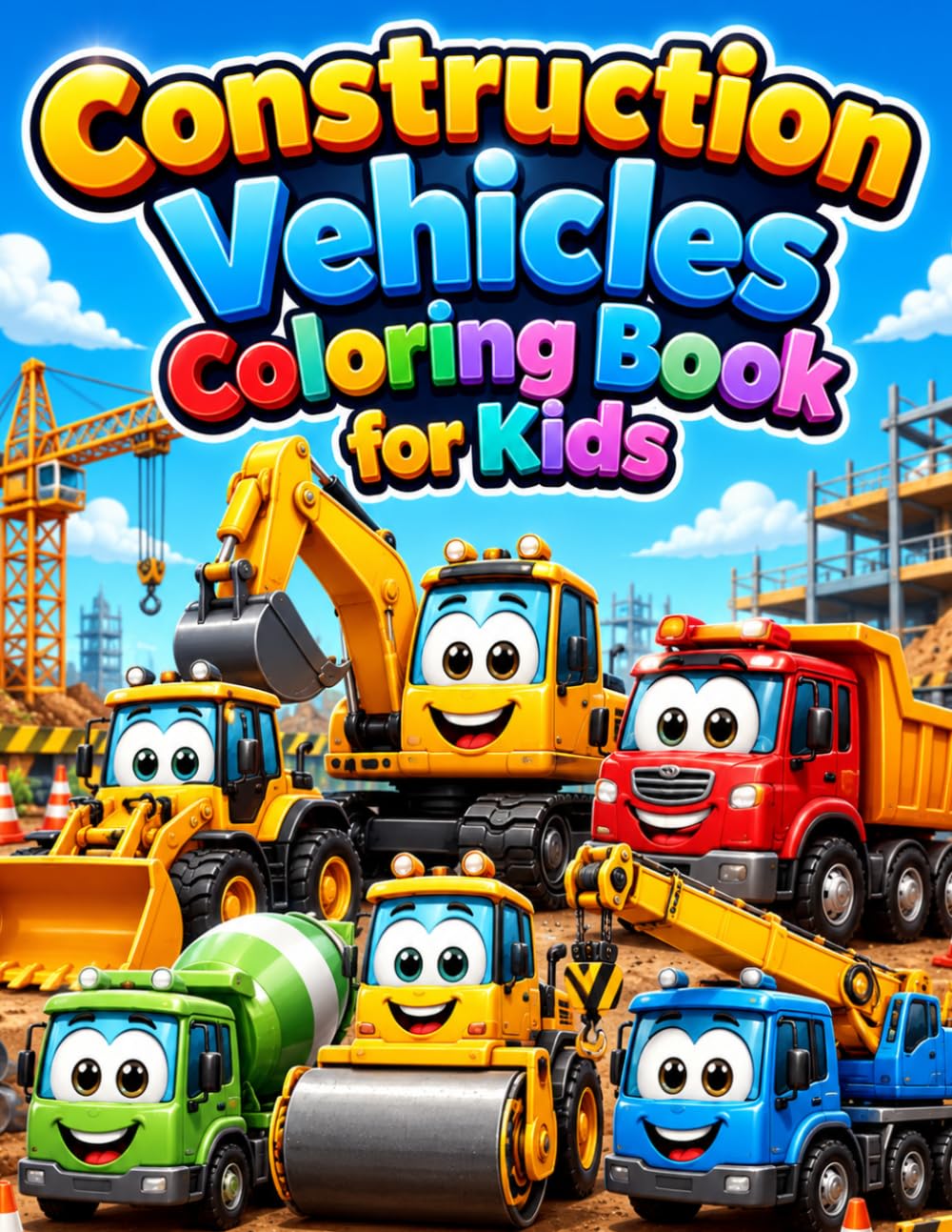 Construction Vehicles Coloring Book for Kids Ages 3-8: 70 Fun and Easy Coloring Pages Featuring Excavators, Bulldozers, Dump Trucks, Loaders, Cranes and Cement Mixers