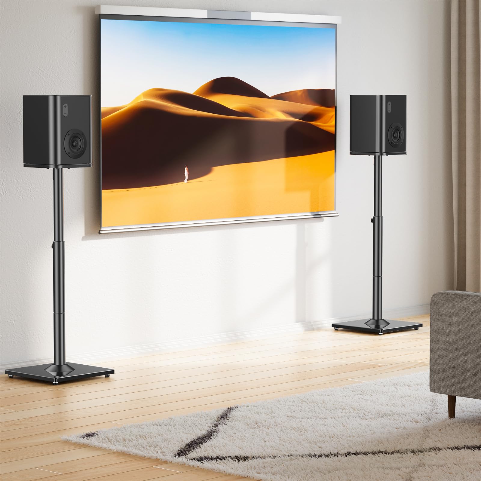 ELIVED Uniwersalny stojak na głośniki z regulacją wysokości do 95 cm, ze szklaną podstawą i wewnętrznym kanałem kablowym do głośników regałowych, udźwig 10 kg, czarny, 1 para
