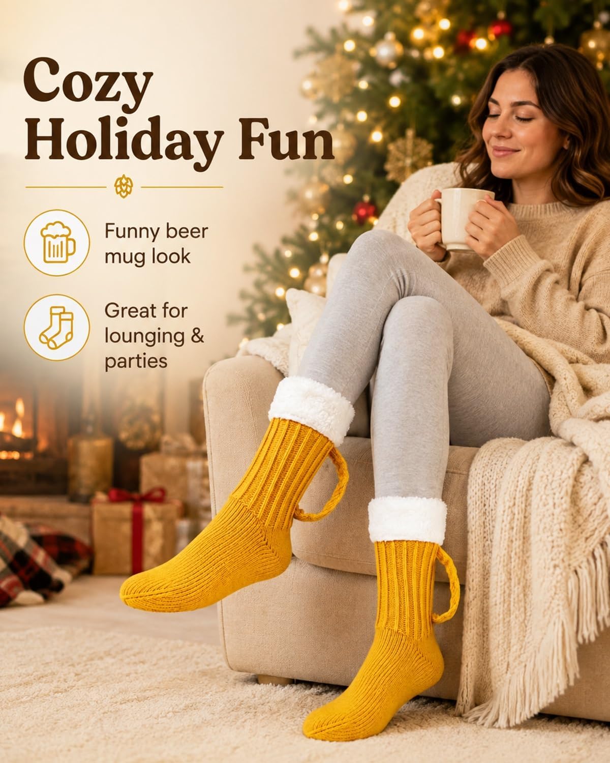 Beer Mug Socks with Handles for Men & Women, Funny Christmas Novelty Socks