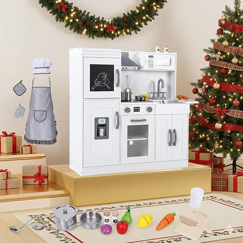 Miniatura 5 de CABIHOME Juego de cocina de madera con accesorios de utensilios de cocina, luces reales y sonidos, incluye microondas, horno, fregadero, cocina de