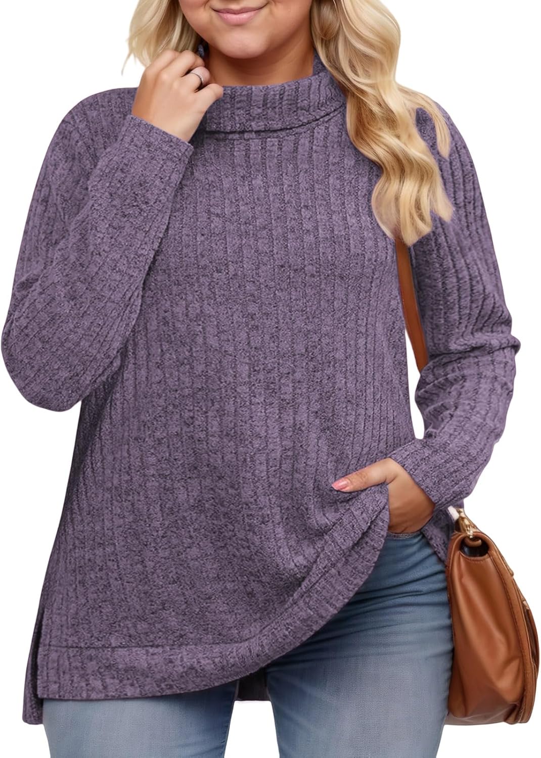 VISLILY Womens-Plus-Size-Tops Trendy Turtleneck Lightweight Sweaters Casual Long Sleeve Shirts Dressy Side Split Tunics 1X-5X