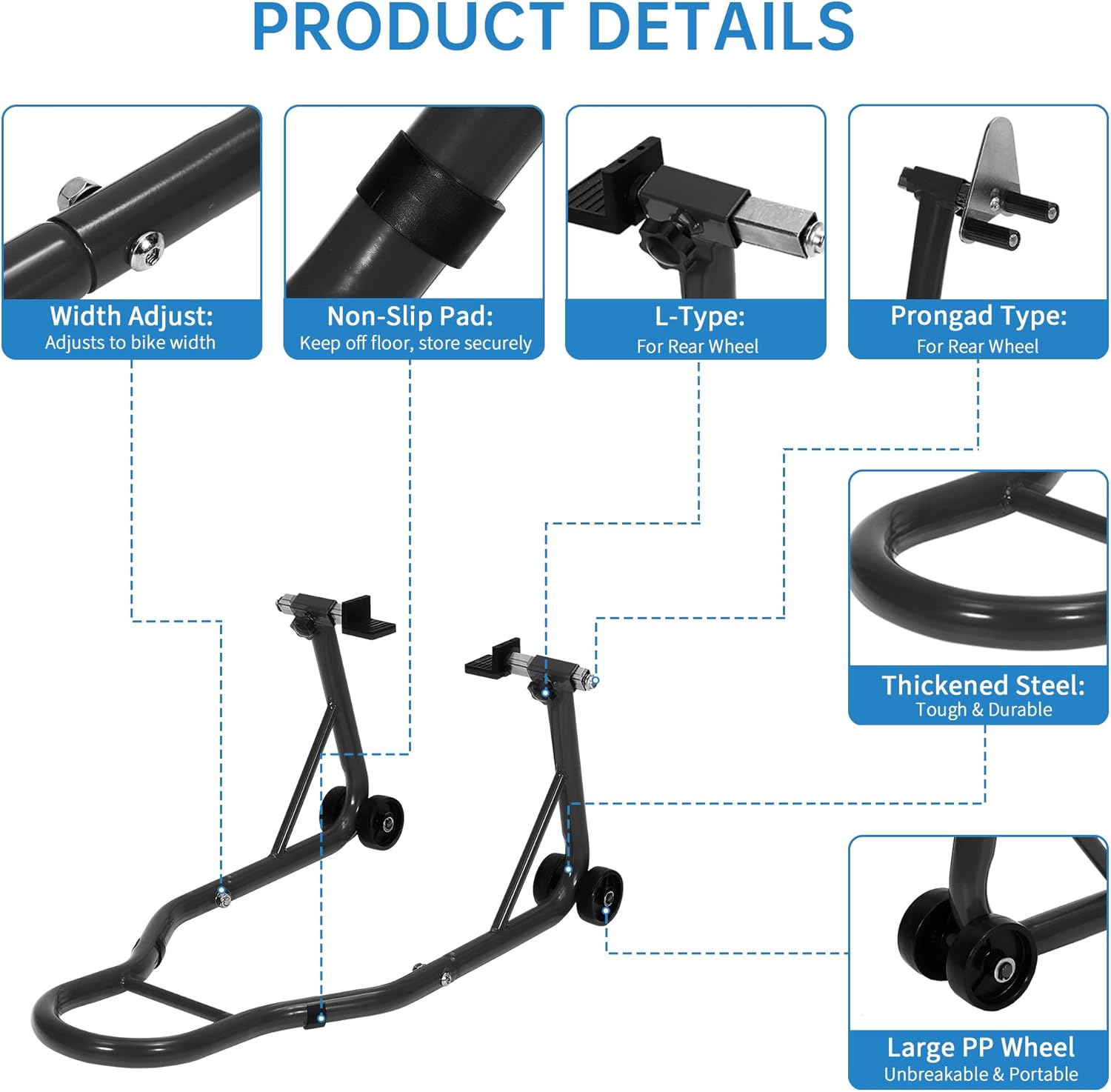 PioneerWorks 900LBS Heavy Duty Universal Motorcycle Stand Lift, Steel Paddock Stand Front and Rear Wheel Lift Stand Combo for Yamaha Honda Kawasaki Suzuki BMW and Most Sport Bikes 2 Packs Black