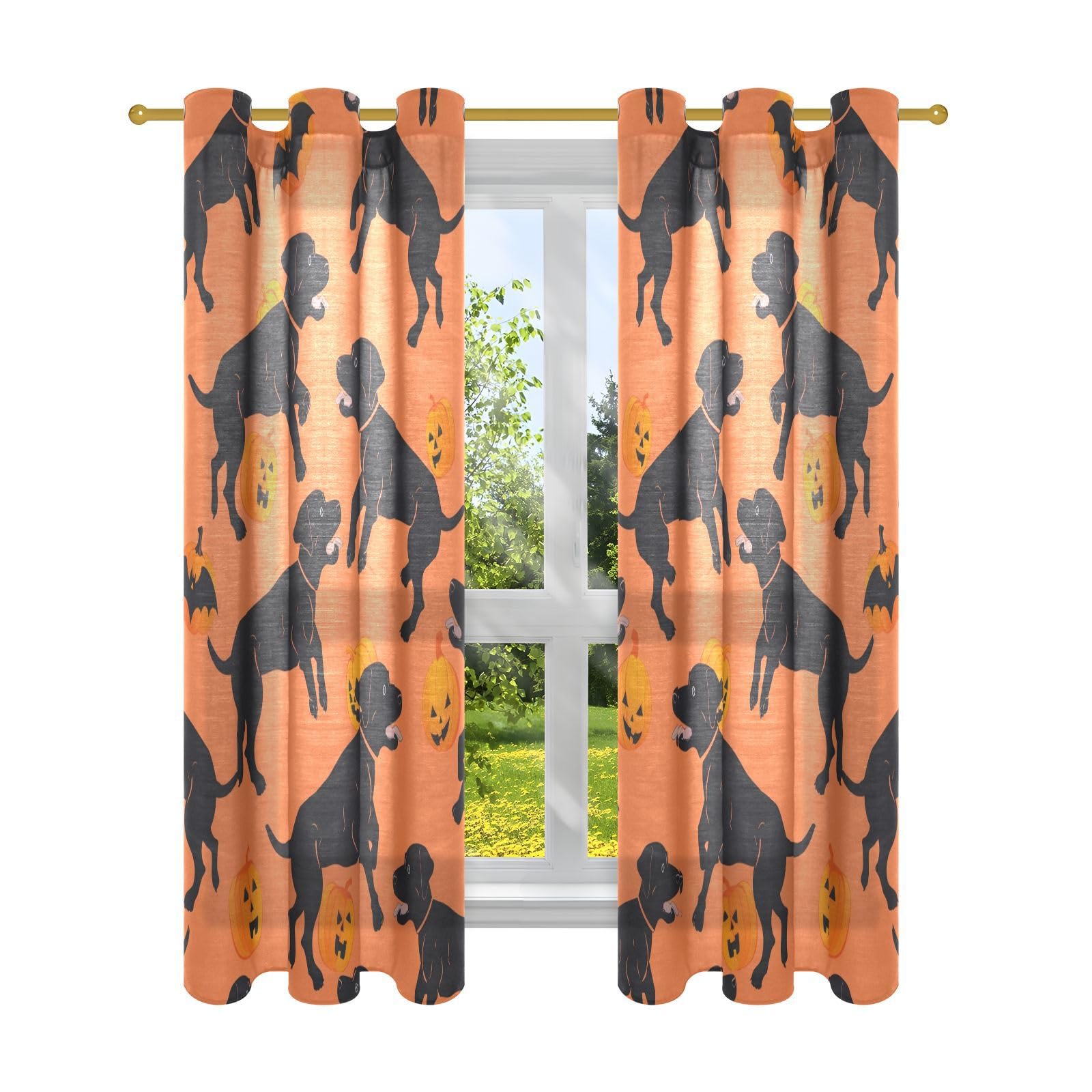 Cortinas opacas decorativas para dormitorio, diseño de perro labrador bailando, naranja, negro, calabaza, 160 cm, juego de 2 paneles de 2 paneles