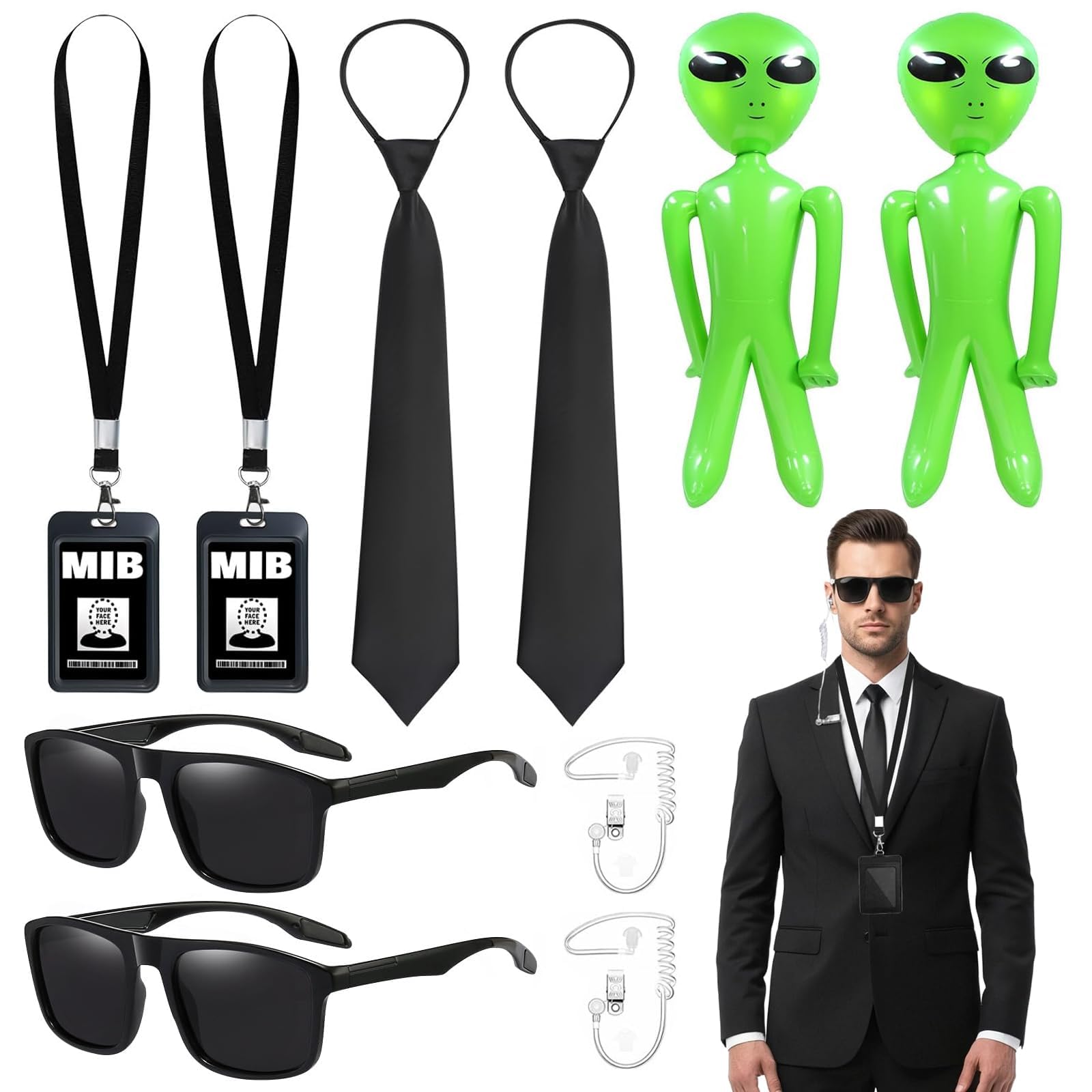 KFSCIP 10 Pcs Men in Black Costume Accessories Set, Alien Costume Spy Costume Accessories with Green Inflatable Aliens Sunglasses ID Card Tie Card Holder Fake Earpiece for Halloween Cosplay Party
