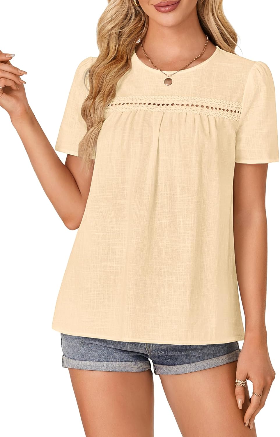 Vrtige Women's Crewneck Lace Crochet Shirt Eyelet Short Sleeve Casual Blouse Shirt Top - Image 2