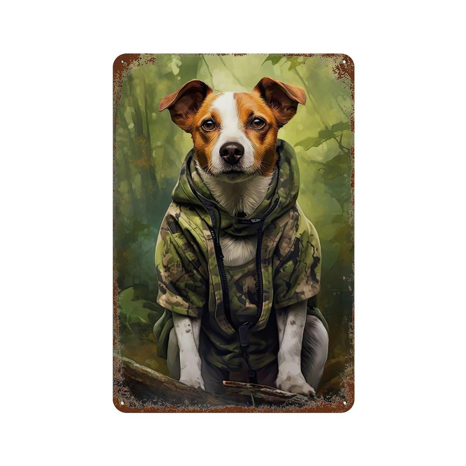 Distressed Metal Wall Sign Jack Russell Terrier Camo 11.8"x7.9", Old School Wall Decor for Bistro, Counter And Cafe Decor