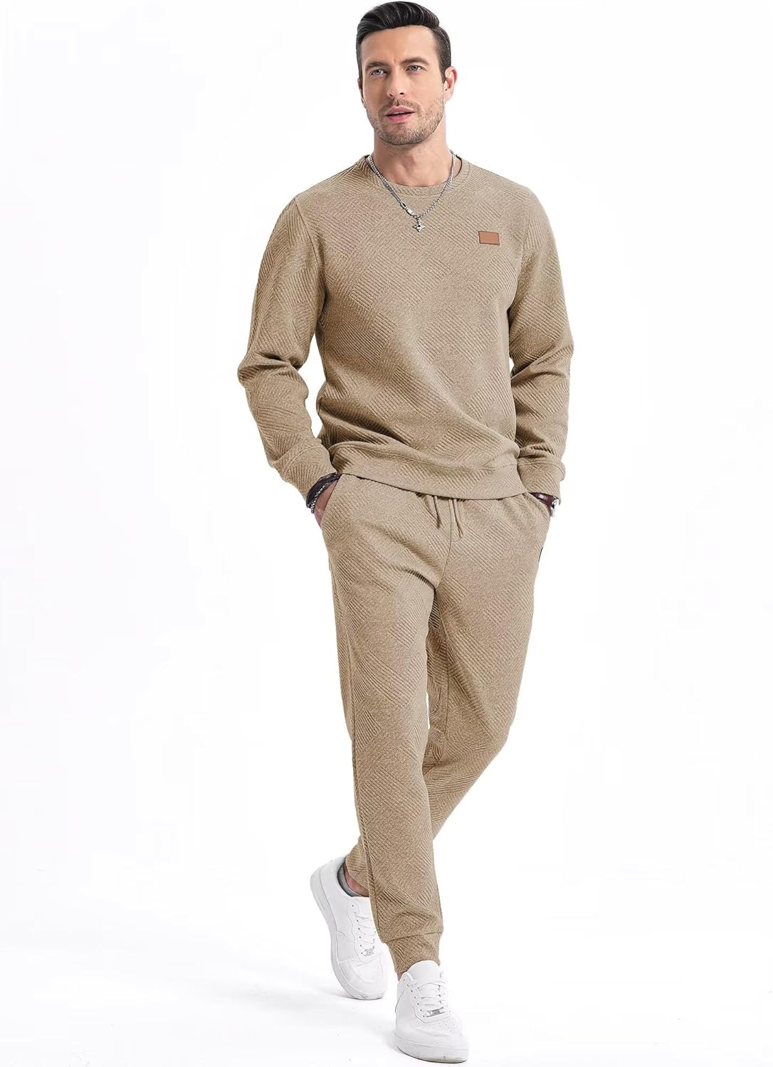 Men's 2 Piece Sweatsuits Outfits Casual Crewneck Jacquard Sweatshirt Joggers Sweatpants Set Tracksuit - Image 2