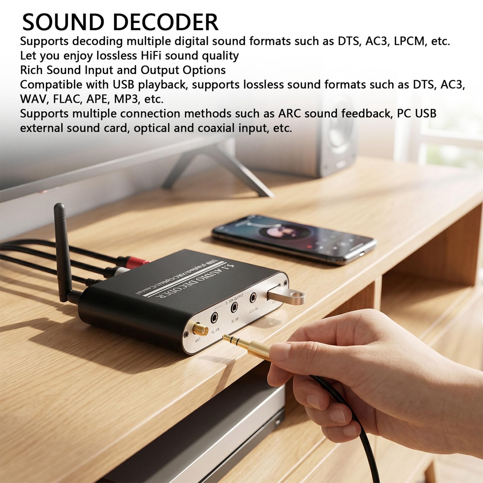 5.1 Dekoder Dźwięku Kanałowego Bluetooth 5.0 108x88x27mm (wtyczka | Stop Aluminiumowy, Optyczny Kabel Współosiowy ARC USB, DTS AC3 LPCM, Muzyka Filmowa Gamingowa, Cyfrowy na Analogowy