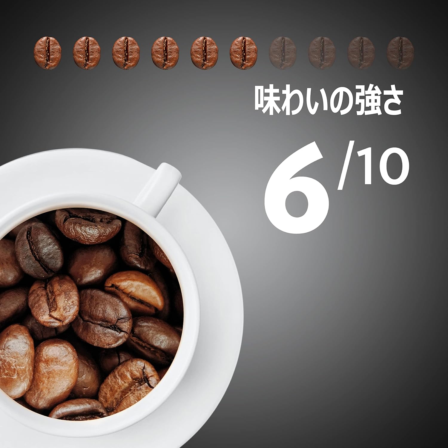 Coffee beans in a cup with an intensity rating of 6/10.