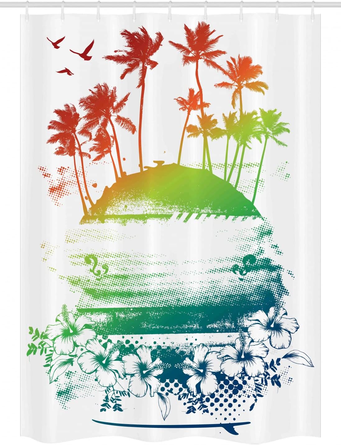 Ambesonne Island Stall Shower Curtain, Grunge Style Inky Colorful Summer Scenery Palms Hawaiian Hibiscus Flowers, Fabric Bathroom Decor Set with Hooks, 54" W x 78" L, Green Orange