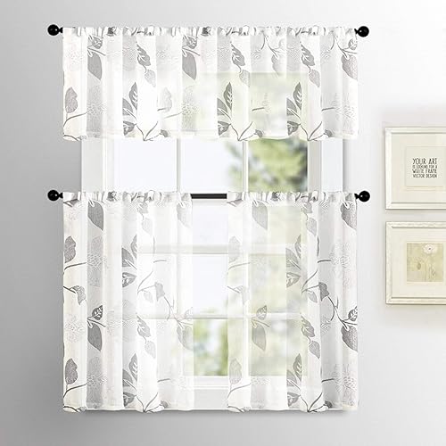 Miniatura 6 de MRTREES Cortinas transparentes con cenefa estampada para ventanas de cocina, cenefa de gasa pequeña y moderna con bolsillo para barra, decoración