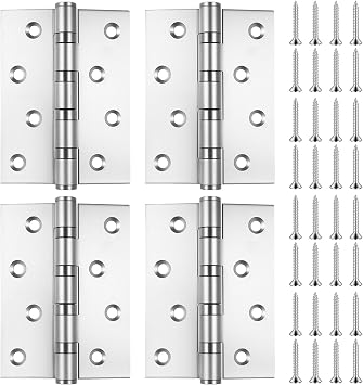 4 Pcs Heavy Duty Door Hinges 4 Inch/100mm, Ball Bearing Hinge, Stainless Steel Gate Hinges for Wooden Gates Cabinet Outdoor Internal Door Hinge, Silver, with 32 Pcs Screws