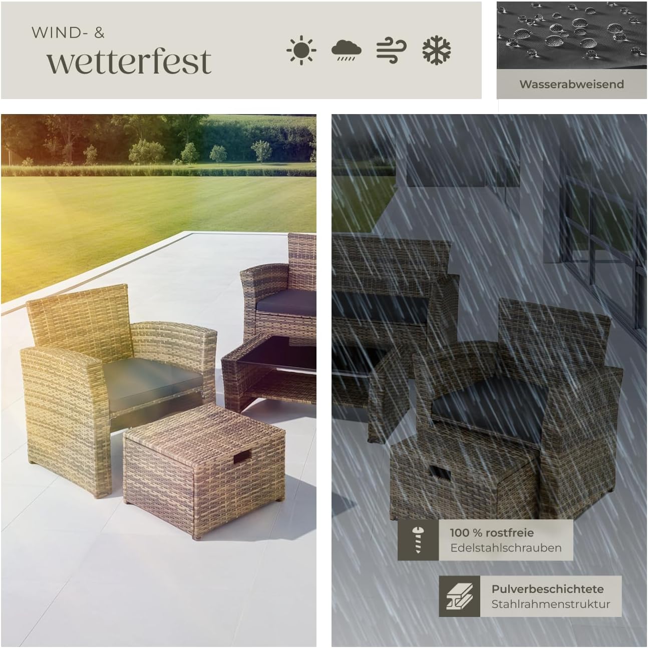 Image illustrating the weather resistance of the tectake Polyrattan Garden Seating Group, showing it in sunny and rainy conditions, emphasizing its rust-free stainless steel screws and powder-coated steel frame.