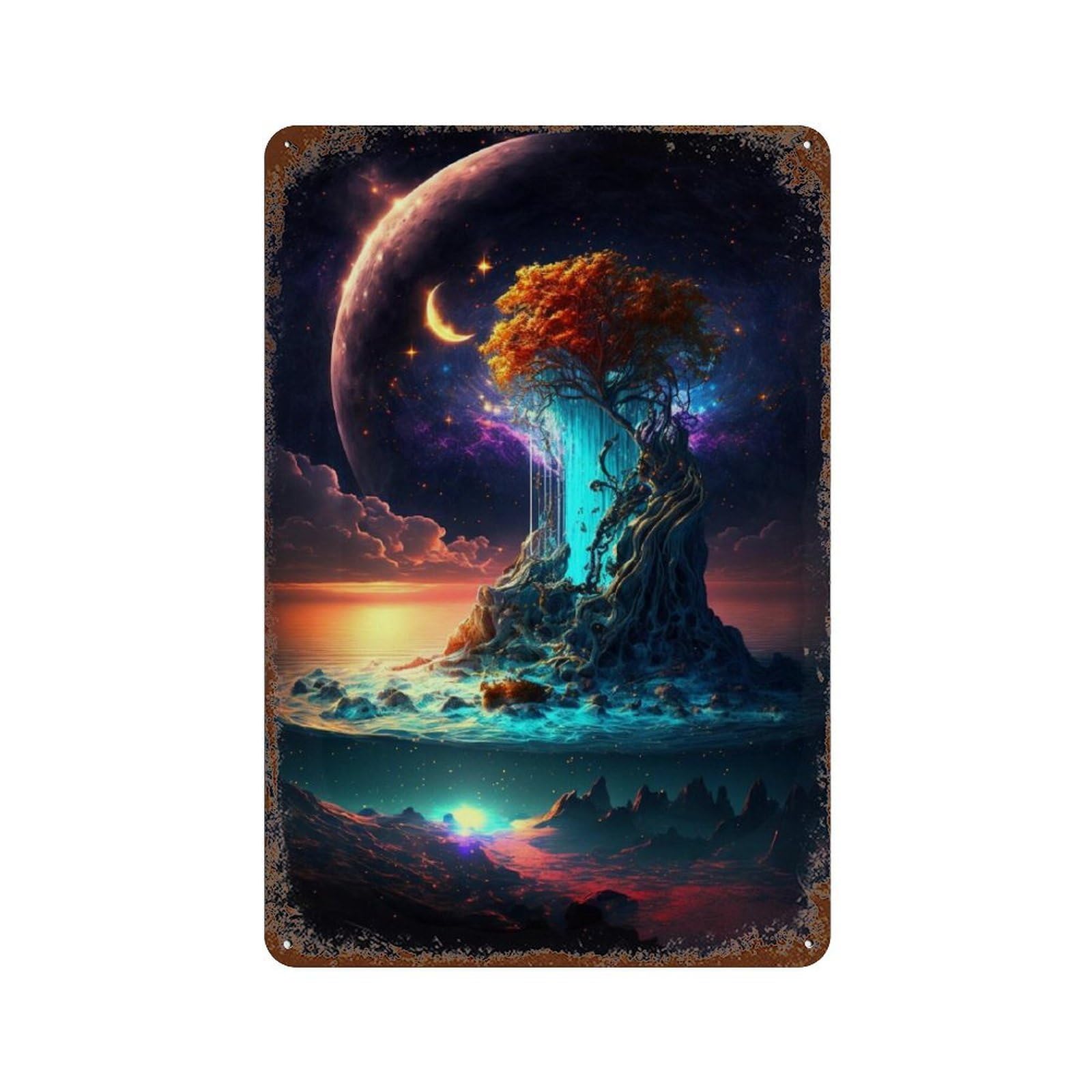 Garage Style Fantasy Planet with Tree of Life Rusty Metal Tin Sign 11.8"x7.9", Classic Wall Plaque for Bar And Workshop