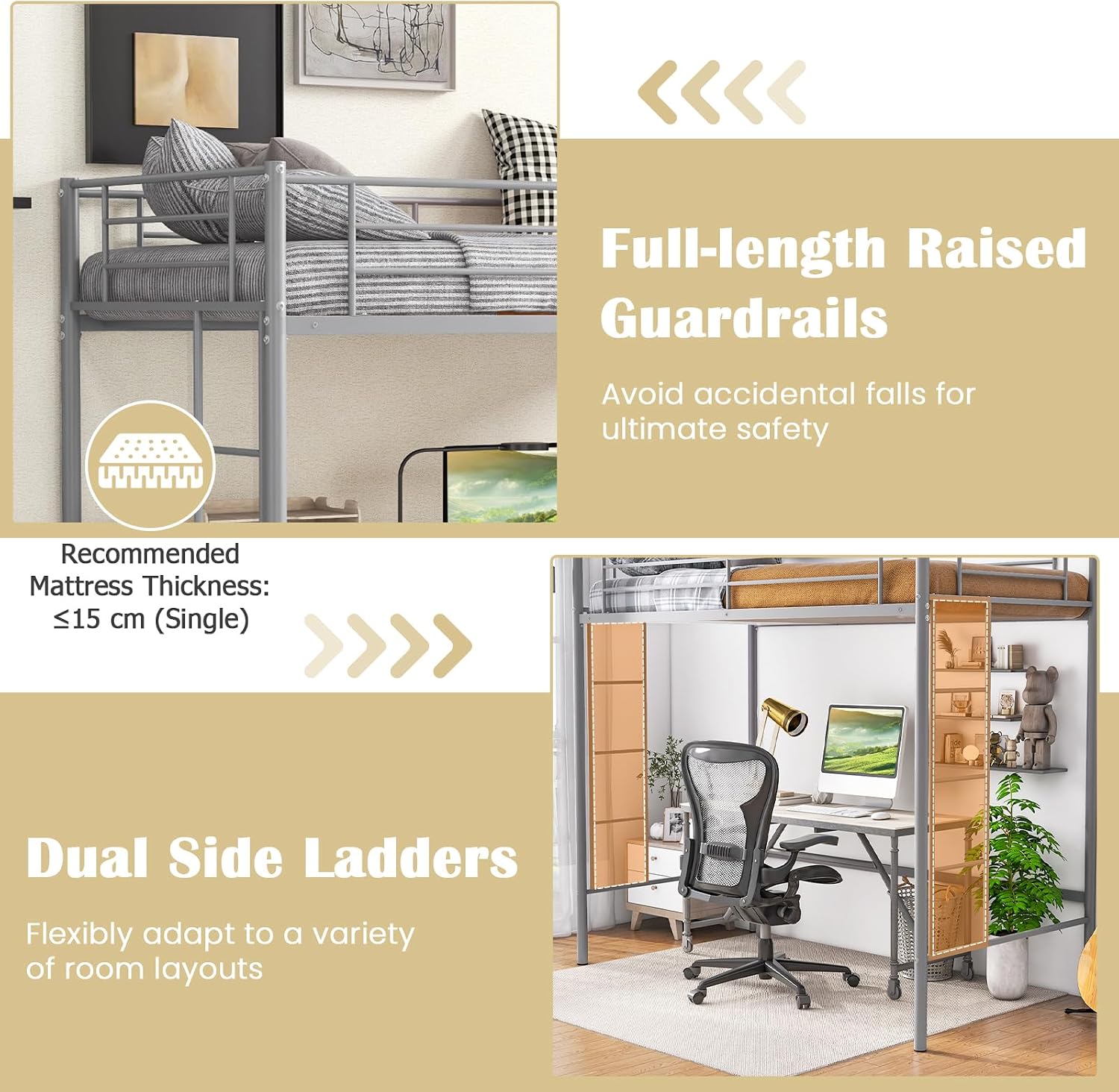Image highlighting full-length raised guardrails for safety and dual side ladders for flexible room layouts. Also shows recommended mattress thickness of 15 cm.